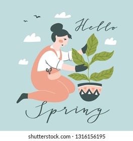 Girl gardening plant. Young Woman working in garden or farm. Vector Illustration with lettering - 'Hello spring'