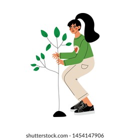 Girl Gardening and Planting Seedling of Tree, Volunteer Working in Garden or Farm, Volunteering, Ecological Lifestyle Vector Illustration