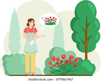 Girl gardening plants on backyard flowers on beautiful flower bed, enjoying tulips and roses in spring garden. Organic horticulture illustration. Gardener worker is engaged in gardening in grounds