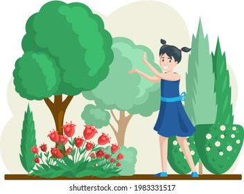 Girl gardening plants on backyard flowers on beautiful flower bed, enjoying tulips and roses in spring garden. Organic horticulture illustration. Gardener worker is engaged in gardening in grounds