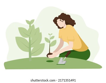 Girl gardening. Save the planet and the environment. Flat cartoon vector illustration isolated on white background