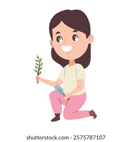 Girl with gardening tools isolated