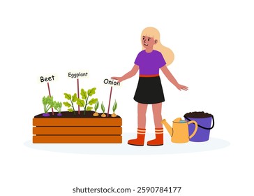 Girl gardening with vegetables in a home garden during sunny weather