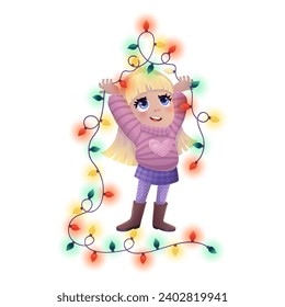 girl with garland joy smile illustration vector gradient isolated