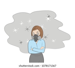 girl in a gas mask. allergy to dust and pollen. vector illustration.