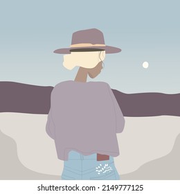 The girl gathered flowers and looked at the moon. She is wearing a purple jacket and blue jeans. It is surrounded by mountains.