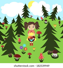 Girl gathers mushrooms in the wood. Vector illustration