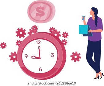 The girl gazes intently at the intricate clock gears, mesmerized by their rhythmic movements and the delicate interplay of gears and cogs within the timepiece.