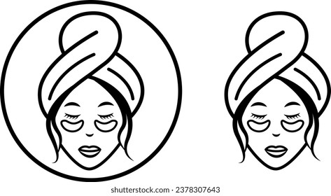 A girl with gel patches under her eyes. Patches under the eyes, between the eyebrows, for the mouth and nose. A symbol of a rejuvenating facial treatment. Editable stroke. Isolated vector illustration