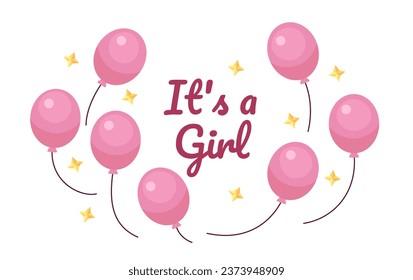 Its girl gender reveal balloons ecard greeting card design. Pregnancy baby shower colorful flat illustration white background. Anticipation 2D cartoon vector image, event special occasion postcard