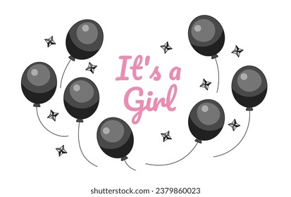 Its girl gender reveal balloons monochrome greeting card vector. Pregnancy baby shower black and white illustration greetingcard. Anticipation 2D outline cartoon ecard, special occasion postcard image