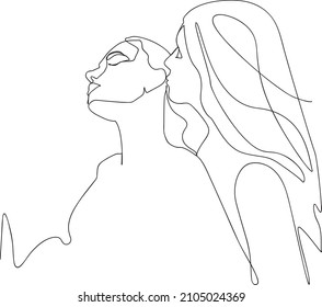 The girl gently hugs and kisses the girl's ear. One line drawing for Valentine's Day. LGBT art.