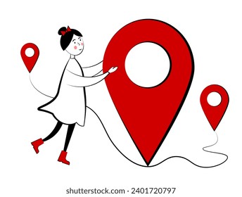 Girl and geolocation. Destination. Vector