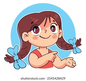 Menina gesticula em direção. Design conceitual. Personagens coloridos de desenhos animados. Ilustração de vetor engraçada. Isolado sobre fundo branco