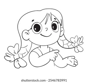 Girl gestures toward. Concept design. Black and white cartoon character. Funny vector illustration. Isolated on white background. Coloring book