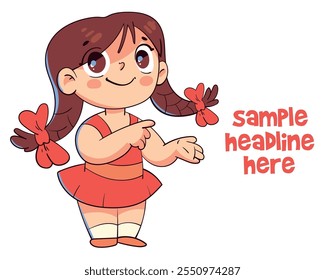 Girl gestures toward. Concept design. Colorful cartoon characters. Funny vector illustration. Isolated on white background