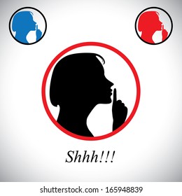 girl gesturing silence saying shh using her hand - concept vector. This graphic contains a young woman raising her forefinger to her lips indicating to stop talking, making noise & to be silent