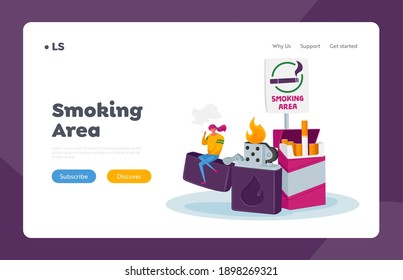 Girl Get Pleasure of Smoking Addiction Landing Page Template. Tiny Woman Character Smoking Cigarette in Special Area with Sign Sitting and Huge Lighter. Health Problem. Cartoon Vector Illustration