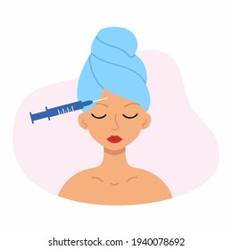 The girl gets an anti-wrinkle injection from a cosmetologist. A woman in a towel on her head takes care of the beauty of her face.