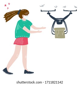 The girl gets the delivery. Delivery of a parcel by drone. Stay home, quarantine