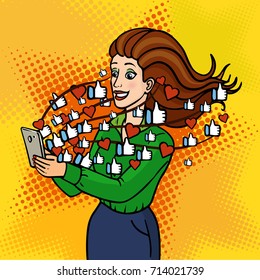 The girl gets likes and hearts on social media. A beautiful lady is holding a phone and laughing. Vector background in comic retro pop art style. Party invitation. EPS 10.