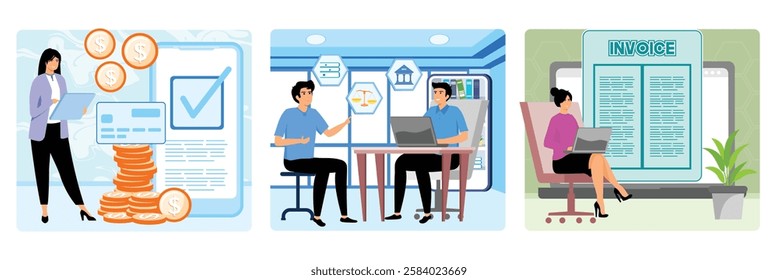 Girl gets money in her bank account.  Freelancer filling invoices, remote work payroll. Freelance worker filling an invoice using computer, remote work, payment document. 