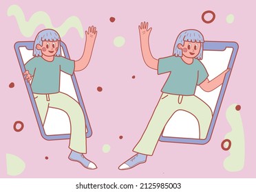 The girl gets off the phone and waves her hand. The girl says goodbye. Online communication. Communication in social networks. Greetings and farewells in the virtual world. Welcome gesture. Smartphone