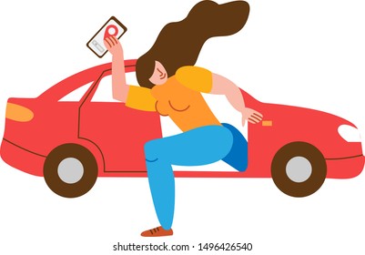 The girl gets out of the red car. Pleased with the trip and the rental. In the hands of a phone application with a mark to complete the trip. Flat vector illustration. Rental and carsharing concept.