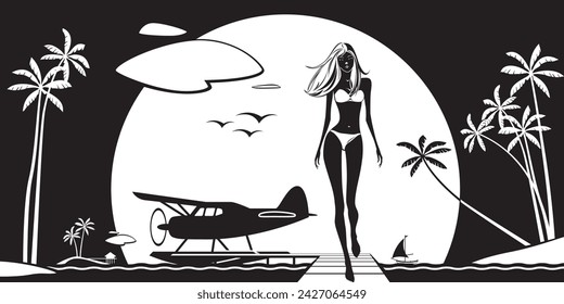 Girl gets out of a seaplane on an island in the sea – vector illustration