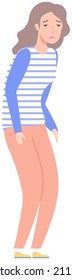Girl gets upset about some event with her bent back. Disappointed, melancholy female cartoon character isolated on white background. Woman stands with displeased expression on her face in sad pose
