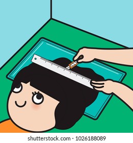 A Girl Was Getting A Haircut By Someone Who Using Cutter And Ruler On A Green Cutting Mat Concept Card Character illustration