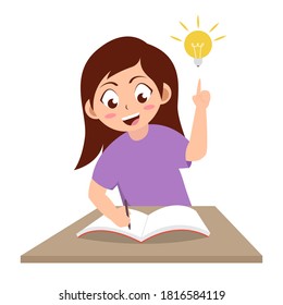 girl getting idea doing homework with light bulb, cartoon vector illustration