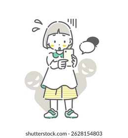 A girl getting into trouble for using a smartphone - Simple and cute line drawing illustration