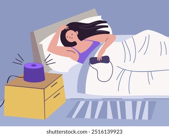 Girl is getting ready for bed and talking to the voice assistant. Vector illustration.