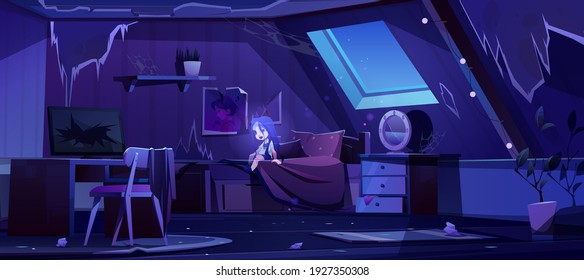 Girl ghost in old bedroom on attic at night. Vector cartoon interior of mansard room with broken furniture, mess and trash. Spooky illustration of dead child spirit in abandoned house