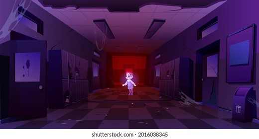 Girl ghost in old dirty school hallway at night