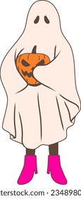 Girl Ghost and Pumpkin Costume Vector Illustration