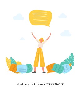 A girl with a giant inscription or words above her head. Finding the right words. Brainstorm. Writing and writing. Creation. Teamwork. Scraps and notes. Do not forget.