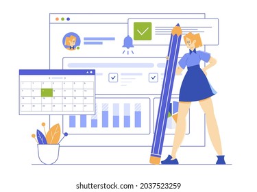 Girl With A Giant Pencil At A Dashboard With Data And Graphs, A Calendar. Employee Schedule, Online Task Manager. Personal Productivity. Vector Flat Illustration.