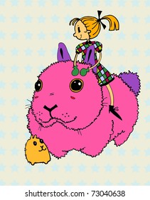 Girl with Giant Pink Bunny and Little Friend (vector)