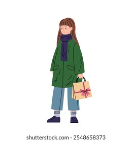 Girl with gift bag in her hands, a surprise for friends or family. Girl in warm winter clothes. Gift, congratulations. People flat vector illustration.