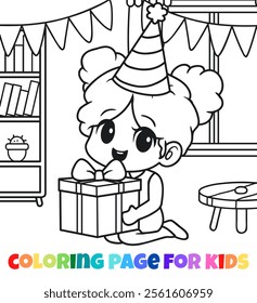 Girl with gift box celebrate birthday party outline coloring page vector illustration