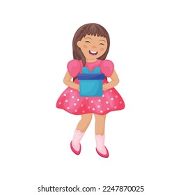 A girl with a gift box. A cute smiling girl is holding a gift box. A cheerful child with a gift. A girl in a red dress. Vector illustration isolated on a white background