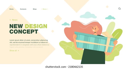 Girl with gift box flat vector illustration. Cute person preparing presents for friends or family for holiday, birthday or new year. Celebration concept for banner, website design or landing web page