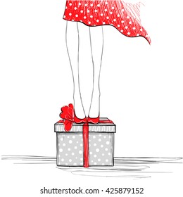 Girl with gift box. Happy Birthday card. Sketch vector illustration. Fashion poster. Greeting postcard.