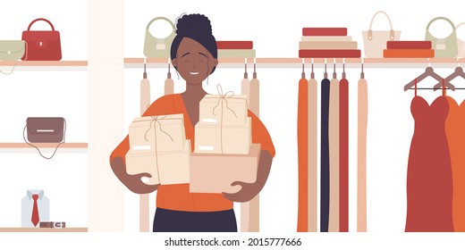 Girl with gift box, happy customer vector illustration. Cartoon young shopaholic woman buyer character holding pile of gift present boxes with ribbon in interior of shopping mall or store background