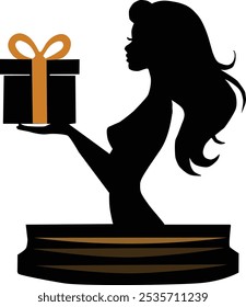 a girl with a gift box in her hands.  Silhouette Vector illustration. 