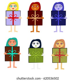 Girl with gift on white background. Vector illustartion.