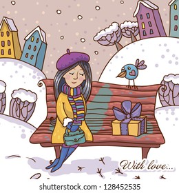 Girl with a gift on winter background. Vector illustration 