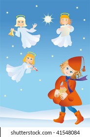 Girl with a gift in surroundings the angels of declare Christmas